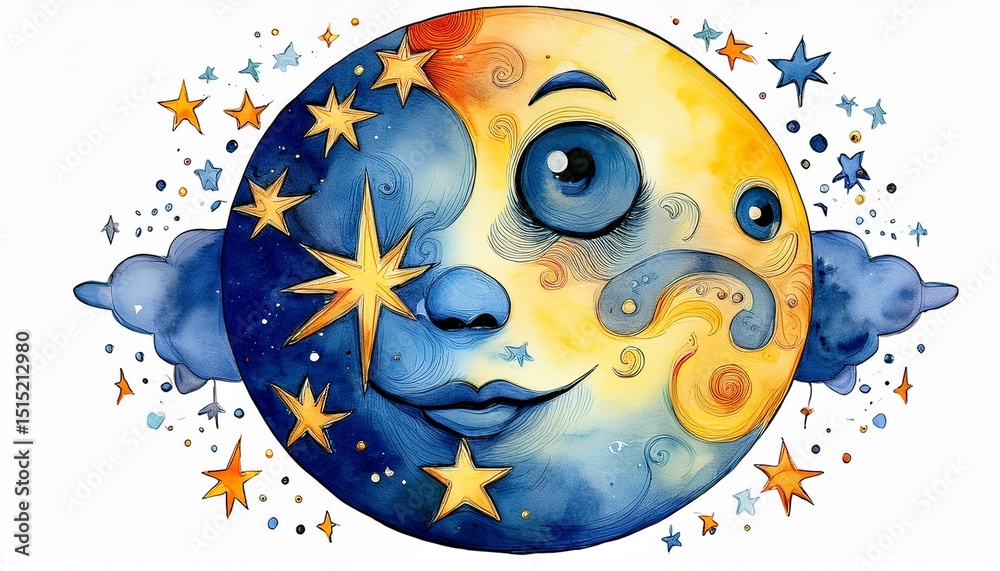 Naklejka premium watercolor moon illustration with face and starry details on white