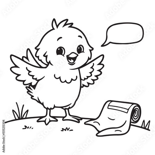 Cartoon chick with speech bubble and sleeping bag outline