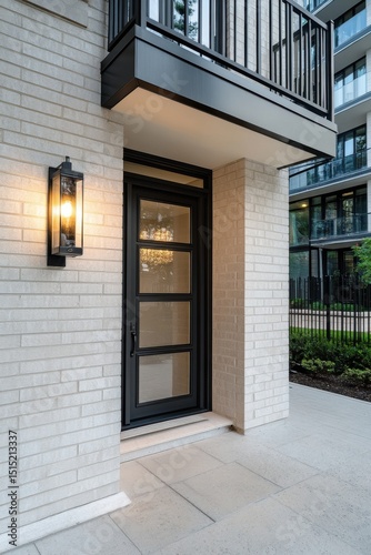 Luxurious entrance of modern apartment building featuring sleek architecture and exterior lighting during early evening hours in a residential area