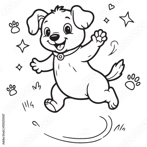 Cartoon dog happily jumping with paws and stars around him