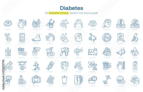 Diabetes line icon pack. Diabetes Stroke icon set. Editable Stroke icon