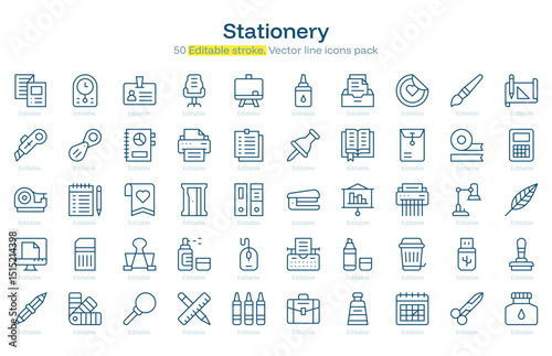Stationery line icon pack. Stationery Stroke icon set. Editable Stroke icon