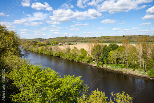The Vienne River and sunny Poitevin countryside, seen from Touffou castle, near Poitiers, historic monument and one of Remarkable Gardens of France