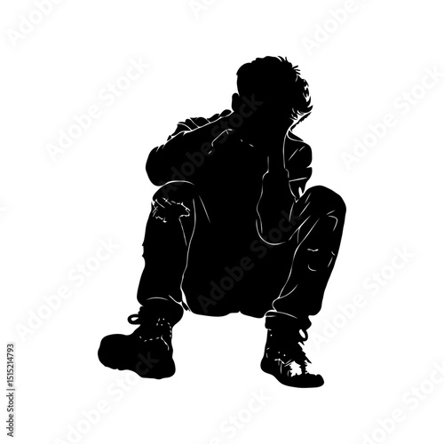 Silhouette of a man sitting with head in hands, wearing casual clothes, on a white background. Concept of sadness, stress, and loneliness