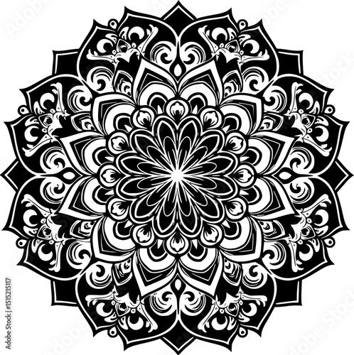 Intricate black and white mandala design with circular floral and geometric patterns.
