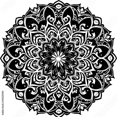 Intricate black and white mandala design with circular floral and geometric patterns.
