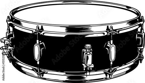 A black and white drawing of a drum icon drum and drumsticks
