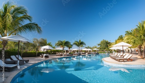 a pristine resort pool area features comfortable lounge chairs umbrellas and cabanas framed by palm trees under a clear blue sky epitomizing luxury and relaxation photo