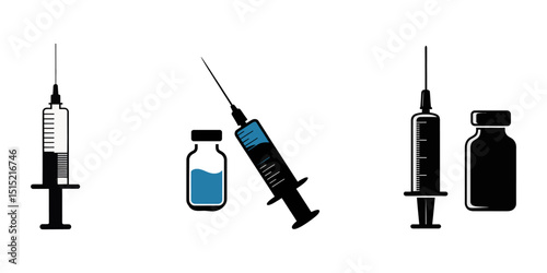 Morphine drug bottle and syringe vector. Hand drawn illustration of injectable drug, Syringe with blue vaccine, vial of medicine on green background. Vector illustration, Vaccine and Syringe Icon.