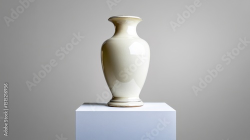 A sophisticated ceramic vase stands tall on a sleek white pedestal in a contemporary art gallery. The smooth surface showcases subtle reflections in the soft lighting