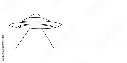 Continuous one line drawing of  flying UFO. Vector illustration, Continuous line drawing of UFO. One line of outer space concept. UFO continuous line art. Editable outline,  Line icon with sunbursts.