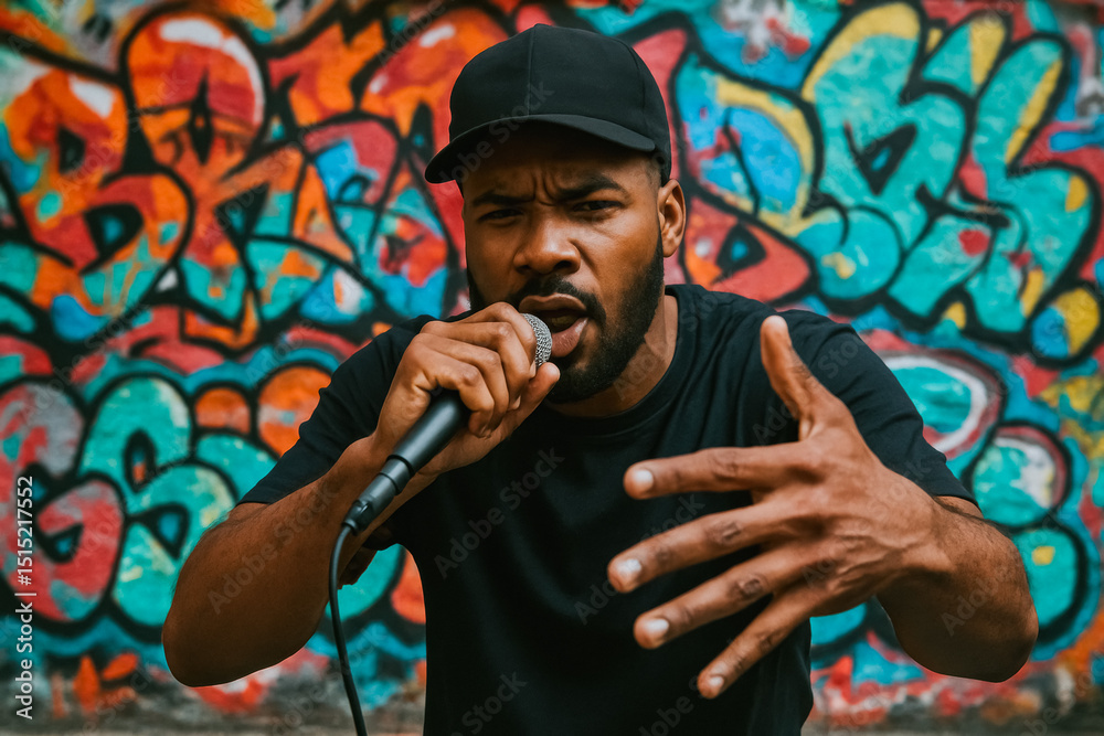 Fototapeta premium Urban rapper passionately performing in front of vibrant graffiti wall, street art background, generative AI