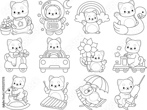 Outline of Fluffy Shiba Inu pet stickers. Lineart of Happy doggy.