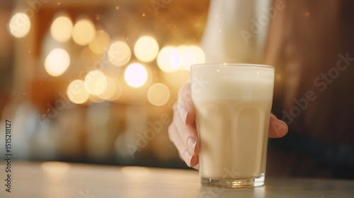 Close up of a hand presenting a delicious creamy latte in a glass. Warm lighting and bokeh background suggest a cozy cafe atmosphere. photo
