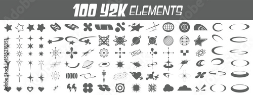 Retro futuristic elements for design. Big collection of abstract graphic geometric symbols and objects in y2k style.