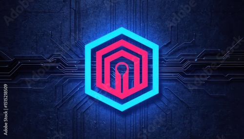 Digital security logo with blue and red colors on a circuit board background featuring hexagonal design elements