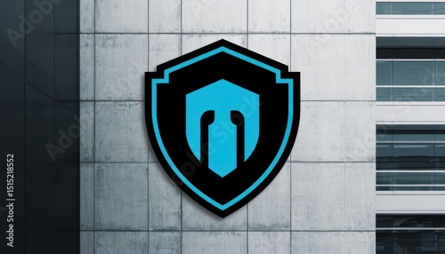 Modern emblem displayed on a concrete wall in an urban setting during daylight hours