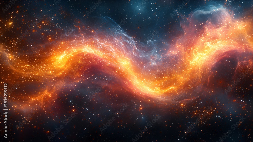 Naklejka premium Fiery cosmic nebula with swirling orange and blue gas clouds.
