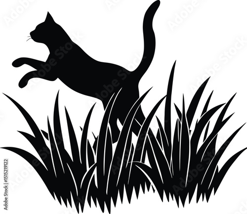 Leaping Cat Silhouette Jumping Gracefully Through Tall Grass