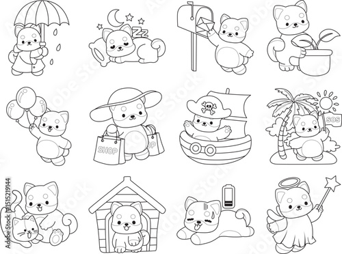 Outline of Fluffy Shiba Inu pet stickers. Lineart of Happy doggy.