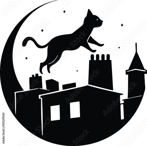 Silhouette of Cat Leaping Over City Rooftops Under Stars and Moon