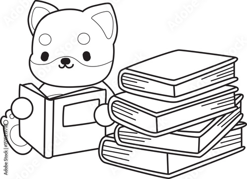 Outline of Fluffy Shiba Inu pet stickers. Lineart of Happy doggy.