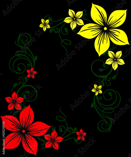 Floral Border Frame Background with Red and Yellow Flowers on Black Background