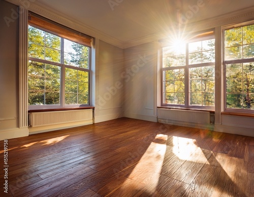 sunlight streams through large windows onto gleaming hardwood floors