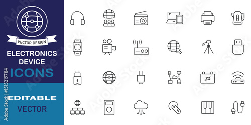 Electronic devices icon set. Mobile, battery, computer, headphones, microphone, printer, laptop, smartwatch, SSD, camera, technology and more outline symbol collection. Editable vector illustration.