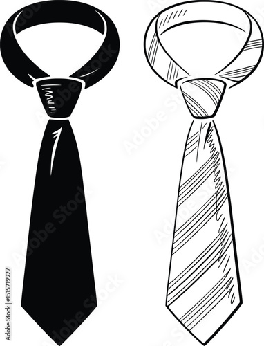 Necktie Silhouette Vector Illustration Set, Solid and Striped Formal Tie Designs.