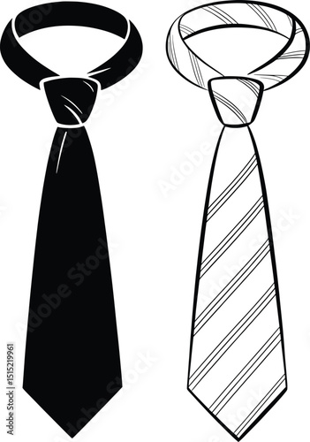 Necktie Silhouette Vector Illustration Set, Solid and Striped Formal Tie Designs.