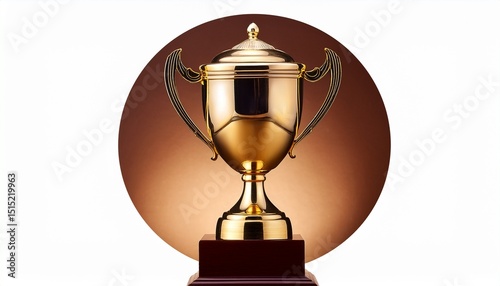 a golden trophy with two handles on a brown circular base