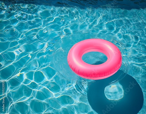 swimming pool inner tube floating in the clear pool pink inner tube inflatable ring background top view
