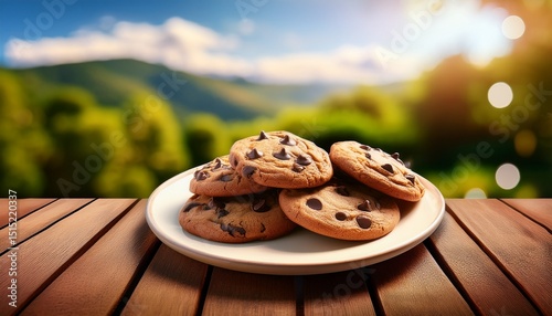 freshly baked chocolate chip cookies on a plate against a beautiful outdoor background