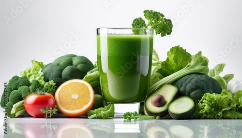 fresh vibrant green juice in glass surrounded by nutrient rich vegetables on white background
