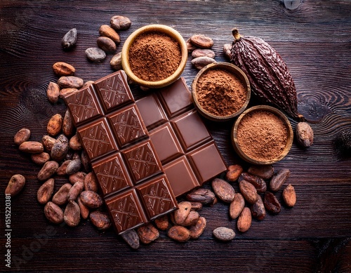 fresh chocolate products displayed on dark wood surface with cocoa beans and powder