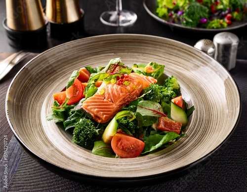 fresh salad topped with salmon and vegetables served on elegant dinnerware