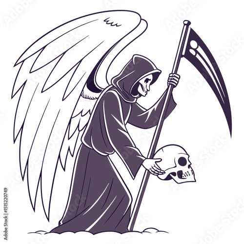 Adobe Illustrator Artwork An angel of death with wings and a scythe in a bony hand. Scull. Halloween.  Vector.