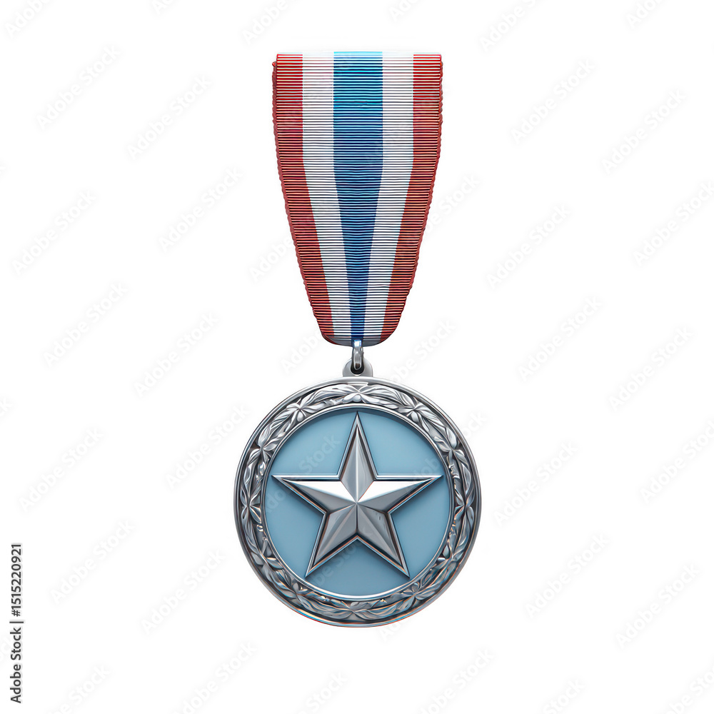 Fototapeta premium Silver medal with star and ribbon isolated on transparent background