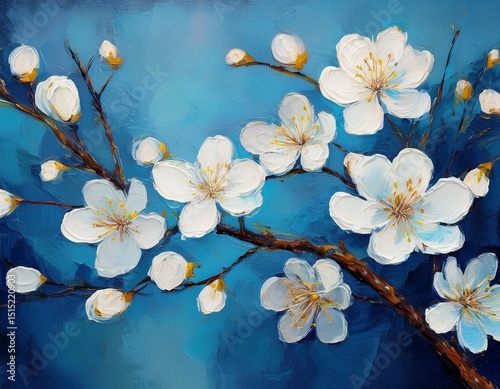 textured blue painting of white blossoms on a branch