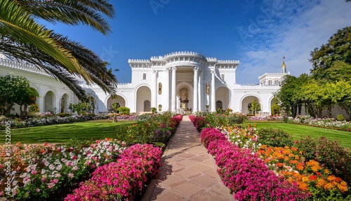 stunning white palace with arched columns surrounded by vibrant flowers and lush greenery creates serene and enchanting atmosphere elegant architecture and colorful blooms evoke sense