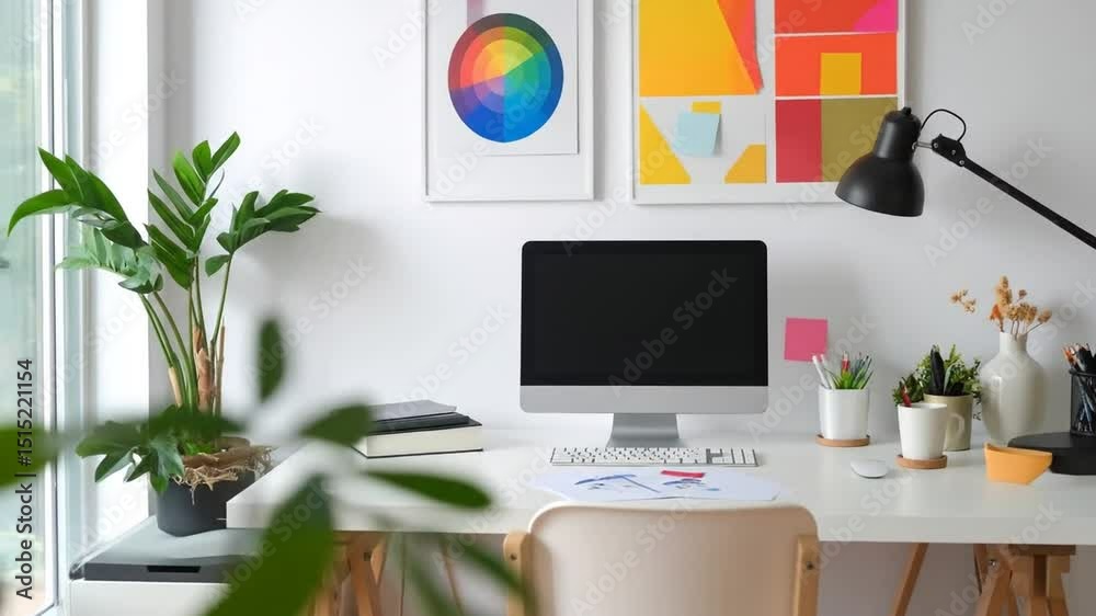A bright, minimalist home office with a computer, art prints, and plants