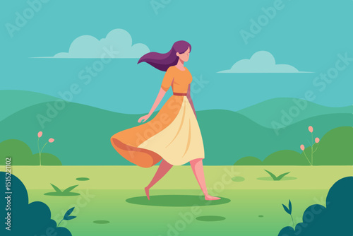 Woman in a flowing dress walks barefoot on dewy grass in early morning light