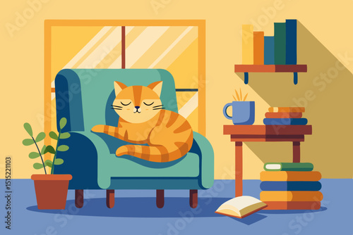 Cat sleeping on a chair in a sunbeam, with book and blanket nearby