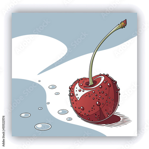 A single, vibrant red cherry covered in glistening water droplets is the primary focus, positioned slightly off-center to the left in the image. The cherry's surface is densely speckled with water, cr