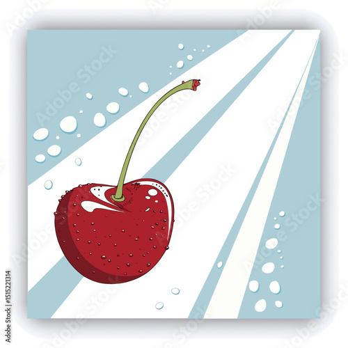 A single, vibrant red cherry covered in glistening water droplets is the primary focus, positioned slightly off-center to the left in the image. The cherry's surface is densely speckled with water, cr