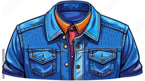 A close-up of a classic blue denim jacket collar with visible stitching and buttons, isolated on white background. Timeless fashion staple with rugged texture and street-style appeal