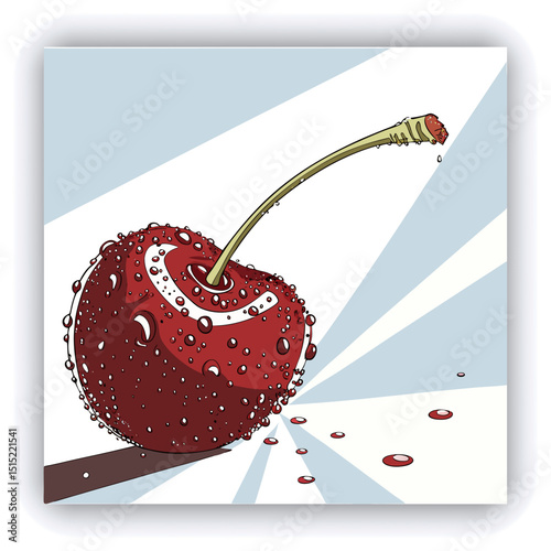 A single, vibrant red cherry covered in glistening water droplets is the primary focus, positioned slightly off-center to the left in the image. The cherry's surface is densely speckled with water, cr