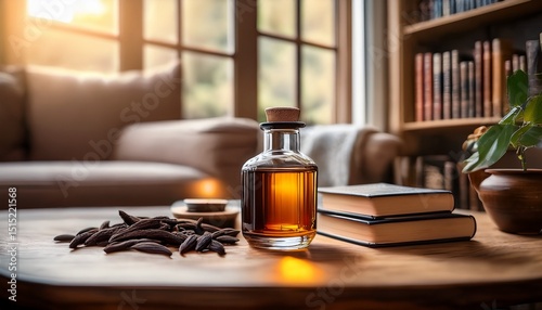 natural home fragrance tonka bean oil vial sits on a small tea table in a cozy living room surrounded by rustic decor and blurred books