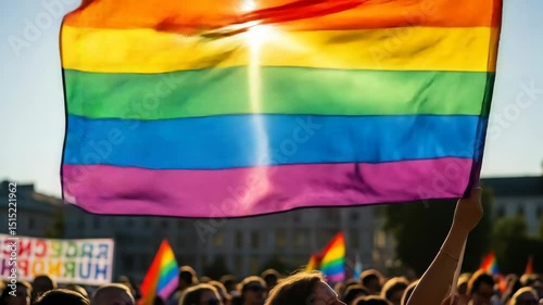 Person holding rainbow flag with bright sun during pride march. Lgbtq community parade and demonstration for diversity